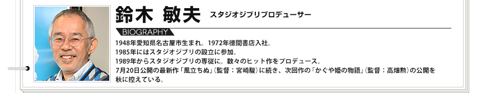 【VOICE01】鈴木敏夫　スタジオジブリプロデューサー）／1948年愛知県名古屋市生まれ。1972年徳間書店入社。1985年にはスタジオジブリの設立に参加。1989年からスタジオジブリの専従に。数々のヒット作をプロデュース。7月20日公開の最新作「風立ちぬ」（監督：宮崎駿）に続き、次回作の「かぐや姫の物語」（監督：高畑勲）の公開を秋に控えている。