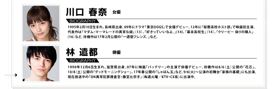 川口春奈：1995年2月10日生まれ、長崎県出身。09年にドラマ「東京DOGS」で女優デビュー。12年に「桜蘭高校ホスト部」で映画初主演。代表作は「マダム・マーマレードの異常な謎」（13）、「好きっていいなよ。」(14)、「幕末高校生」（14）、「クリーピー 偽りの隣人」(16）など。待機作は17年2月公開の「一週間フレンズ。」など。 林遣都:1990年12月6日生まれ、滋賀県出身。07年に映画「バッテリー」の主演で俳優デビュー。待機作は8/6(土)公開の「花芯」、10/8(土)公開の「グッドモーニングショー」、17年春公開の「しゃぼん玉」など。9/6(火)〜公演の初舞台「家族の基礎」にも出演。現在放送中の「ON異常犯罪捜査官・藤堂比奈子」（毎週火曜／KTV・CX系）に出演中。
