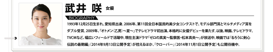 【VOICE12】武井咲（女優）／1993年12月25日生まれ、愛知県出身。2006年、第11回全日本国民的美少女コンテストで、モデル部門賞とマルチメディア賞をダブル受賞。2009年、「オトメン（乙男）～夏～」でテレビドラマ初出演、本格的に女優デビューを果たす。以後、映画、テレビドラマ、TVCMなど、幅広いフィールドで活躍中。現在主演ドラマ「ゼロの真実～監察医・松本真央～」が放送中。映画では『るろうに剣心 伝説の最期編』（2014年9月13日公開予定）が控えるほか、『クローバー』（2014年11月1日公開予定）も公開待機中。