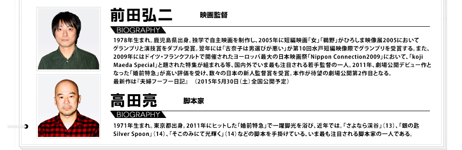 
							前田弘二：
								1978年生まれ。鹿児島県出身。独学で自主映画を制作し、2005年に短編映画「女」「鵜野」がひろしま映像展2005においてグランプリと演技賞をダブル受賞。
								翌年には「古奈子は男選びが悪い」が第10回水戸短編映像際でグランプリを受賞する。
								また、2009年にはドイツ・フランクフルトで開催されたヨーロッパ最大の日本映画祭「Nippon Connection2009」において、
								「koji Maeda Special」と題された溶く驟雨が組まれる等、国内外でいま最も注目される若手監督の一人。
								劇場公開デビュー作となった「婚前特急」が高い評価を受け、数々の日本新人監督賞を受賞。本作が待望の劇場公開第2作目となる。
								最新作は『夫婦フーフー日記』　（2015年5月30日（土）全国公開予定）
							高田亮：
								1971年生まれ。東京都出身。2011年にヒットした「婚前特急」で一躍脚光を浴び、
								近年では、「さよなら渓谷」（13）、「銀の匙 Silver Spoon」（14）、「そこのみにて光輝く」（14）などの脚本を手掛けている、いま最も注目される脚本家の一人である。
							