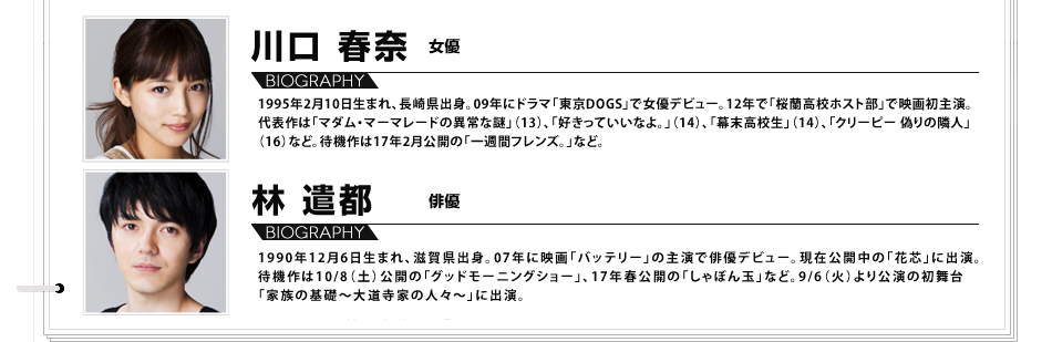 川口春奈：1995年2月10日生まれ、長崎県出身。09年にドラマ「東京DOGS」で女優デビュー。12年で「桜蘭高校ホスト部」で映画初主演。代表作は「マダム・マーマレードの異常な謎」（13）、「好きっていいなよ。」（14）、「幕末高校生」（14）、「クリーピー 偽りの隣人」（16）など。待機作は17年2月公開の「一週間フレンズ。」など。 林遣都:1990年12月6日生まれ、滋賀県出身。07年に映画「バッテリー」の主演で俳優デビュー。現在公開中の「花芯」に出演。待機作は10/8（土）公開の「グッドモーニングショー」、17年春公開の「しゃぼん玉」など。9/6（火）より公演の初舞台「家族の基礎～大道寺家の人々～」に出演。
