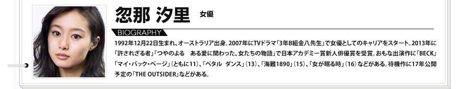 忽那汐里 女優 1992年12月22日生まれ、オーストラリア出身。2007年にTVドラマ「3年B組金八先生」で女優としてのキャリアをスタート。2013年に「許されざる者」「つやのよる ある愛に関わった、女たちの物語」で日本アカデミー賞新人俳優賞を受賞。おもな出演作に「BECK」「マイ・バック・ページ」（ともに11）、「ペタル ダンス」（13）、「海難1890」（15）、「女が眠る時」（16）などがある。待機作に17年公開予定の「THE OUTSIDER」などがある。