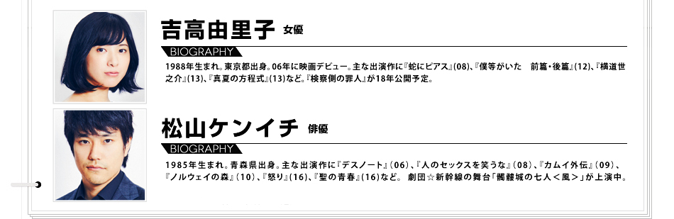 吉高由里子 1988年生まれ。東京都出身。06年に映画デビュー。主な出演作に『蛇にピアス』(08)、『僕等がいた　前篇・後篇』(12)、『横道世之介』(13)、『真夏の方程式』(13)など。『検察側の罪人』が18年公開予定。松山ケンイチ 1985年生まれ。青森県出身。主な出演作に『デスノート』（06）、『人のセックスを笑うな』（08）、『カムイ外伝』（09）、『ノルウェイの森』（10）、『怒り』(16)、『聖の青春』(16)など。 劇団☆新幹線の舞台「髑髏城の七人＜風＞」が上演中。

