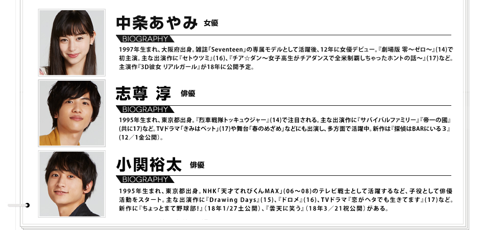 中条あやみ 女優 1997年生まれ、大阪府出身。雑誌「Seventeen」の専属モデルとして活躍後、12年に女優デビュー。『劇場版 零～ゼロ～』(14)で初主演。主な出演作に『セトウツミ』(16)、『チア☆ダン～女子高生がチアダンスで全米制覇しちゃったホントの話～』(17)など。主演作『3D彼女 リアルガール』が18年に公開予定。 志尊 淳 俳優 1995年生まれ、東京都出身。『烈車戦隊トッキュウジャー』(14)で注目される。主な出演作に『サバイバルファミリー』『帝一の國』(共に17)など。TVドラマ「きみはペット」(17)や舞台「春のめざめ」などにも出演し、多方面で活躍中。新作は『探偵はBARにいる３』(12／1金公開）。 小関裕太 俳優 1995年生まれ、東京都出身。NHK「天才てれびくんMAX」(06～08)のテレビ戦士として活躍するなど、子役として俳優活動をスタート。主な出演作に『Drawing Days』(15)、『ドロメ』(16)、TVドラマ『恋がヘタでも生きてます』(17)など。新作に『ちょっとまて野球部！』（18年1/27土公開）、『曇天に笑う』（18年3／21祝公開）がある。
