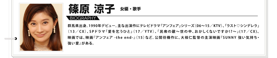 群馬県出身。1990年デビュー。主な出演作にテレビドラマ「アンフェア」シリーズ（06～15／KTV）、
						「ラスト♡シンデレラ」（13／CX）、SPドラマ「愛を乞うひと」（17／YTV）、「民衆の敵～世の中、おかしくないですか!?～」(17／CX)、映画では、
						映画『アンフェア -the end-』（15）など。公開待機作に、大根仁監督の主演映画『SUNNY 強い気持ち・強い愛』がある。