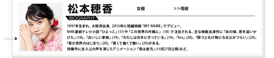 松本穂香 女優 1997年生まれ、大阪府出身。2015年に短編映画「MY NAME」でデビュー。NHK連続テレビ小説「ひよっこ」(17)や「この世界の片隅に」（18）で注目される。主な映画出演作に「あの頃、君を追いかけた」(18)、「おいしい家族」(19)、「わたしは光をにぎっている」(19)、「his」(20)、「酔うと化け物になる父がつらい」(20)、「君が世界のはじまり」(20)、「青くて痛くて脆い」(20)がある。待機作に主人公の声を演じたアニメーション「君は彼方」(11月27日公開)など。
