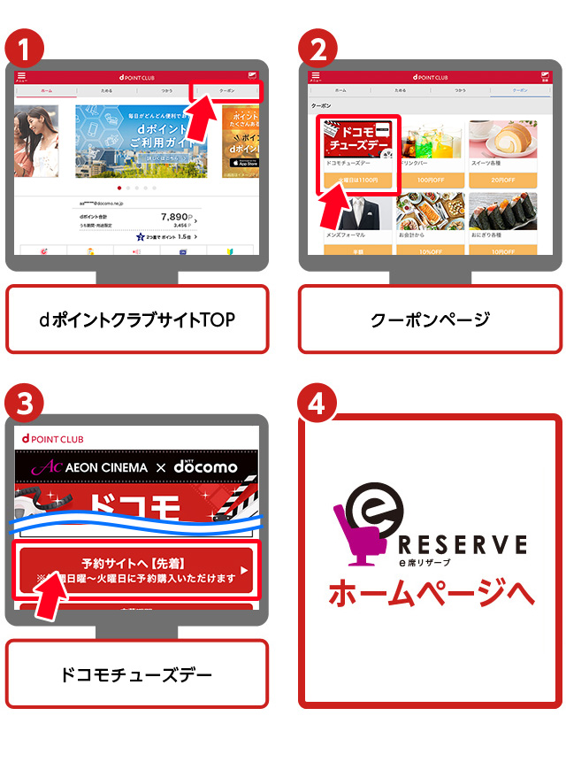 ➊ dポイントクラブサイトTOP　➋ クーポンページ　➌ ドコモチューズデー　➍ eRESERVE（e席リザーブ）ホームページへ