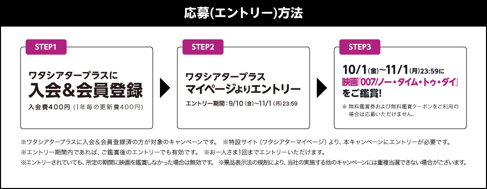 応募（エントリー）方法 STEP1 ワタシアタープラスに入会＆会員登録 入会費400円 (1年毎の更新費400円) STEP2 ワタシアタープラスマイページよりエントリー エントリー期間：9月10日（金）～11月1日（月）23:59 STEP3 10/1(金)〜11/1(月)23:59に映画『007/ノー・タイム・トゥ・ダイ』をご鑑賞! ※無料鑑賞券および無料鑑賞クーポンをご利用の場合は応募いただけません。※ワタシアタープラスに入会＆会員登録済の方が対象のキャンペーンです。 ※特設サイト（ワタシアターマイページ）より、本キャンペーンにエントリーが必要です。 ※エントリー期間内であれば、ご鑑賞後のエントリーでも有効です。 ※お一人さま1回までエントリーいただけます。 ※エントリーされていても、所定の期間に映画を鑑賞しなかった場合は無効です。 ※景品表示法の規制により、当社の実施する他のキャンペーンには重複当選できない場合がございます。
